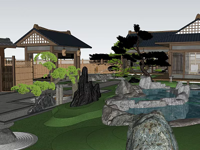 Traditional Japanese Garden Landscape With Pond Rockery Pine Trees And Wooden Pavilion 3d model