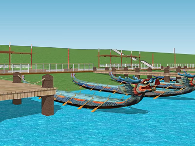 Colorful Dragon Boats Moored On Water Near Wooden Dock And Green Grass 3d model