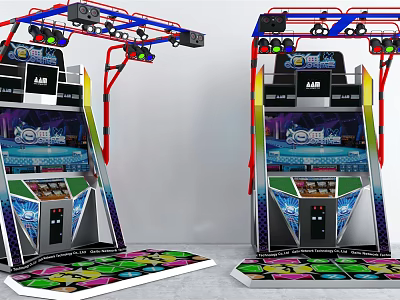 Modern Entertainment Appliances Two Dancing Arcade Machines with Colorful Lights Screens and Dance Pads 3d model