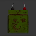 Green Rusted High Voltage Warning Box With Yellow Lightning Sign And Red Metal Components