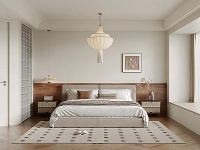 Minimalist Bedroom Interior Design With Wooden Headboard White Bed Pendant Light Rug And Nightstands 3d model