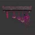 Wooden Hanging Shelf With Potted Plants And Red Fruits For Home Decor