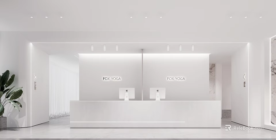 Peak Yoga Studio Modern Minimalist Reception Area With White Desk And Computers 3d model