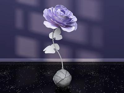 Floral Art Display Featuring Purple Paper Flower With Silver Stem And Gray Spherical Vase 3d model