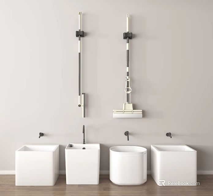 Modern Bathroom Sink Area With Four White Sinks And Wall Mounted Faucets On Light Wall 3d model 