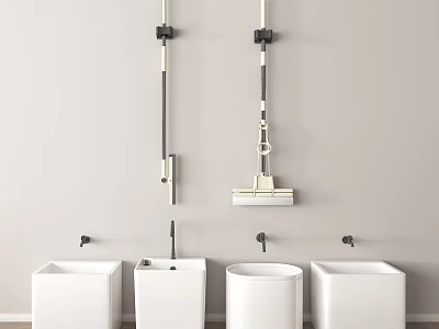 Modern Bathroom Sink Area With Four White Sinks And Wall Mounted Faucets On Light Wall 3d model