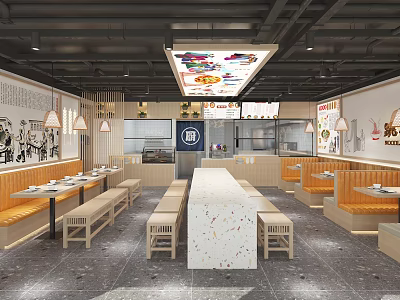Elegant Modern Restaurant Interior With Marble Tables Wooden Chairs And Pendant Lights 3d model