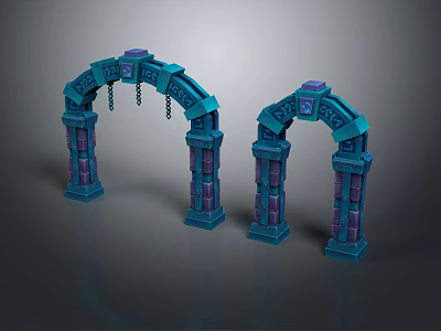 Wood and Stone Decorative Arches with Intricate Columns and Blue Purple Accents 3d model