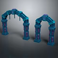 Wood and Stone Decorative Arches with Intricate Columns and Blue Purple Accents