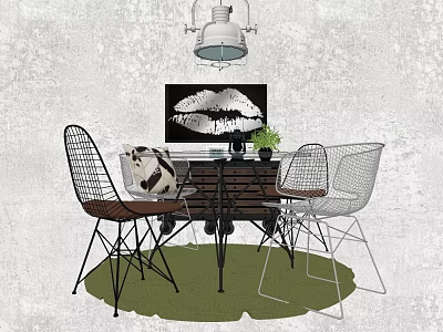 Modern Dining Table Set With Wire Chairs Hanging Lamp And Lip Print Painting 3d model