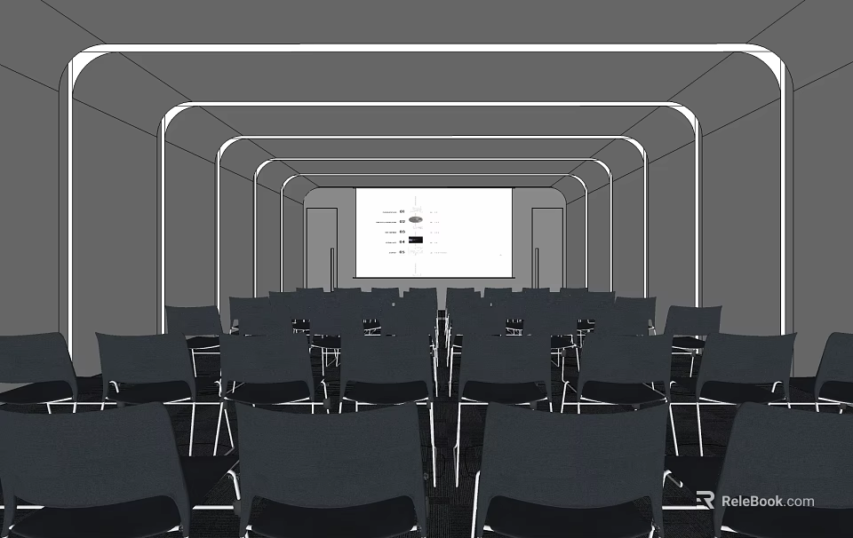 Spacious Lounge Area With Rows Of Chairs And Large Projection Screen 3d model 