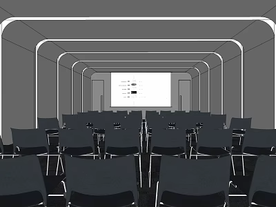 Spacious Lounge Area With Rows Of Chairs And Large Projection Screen 3d model