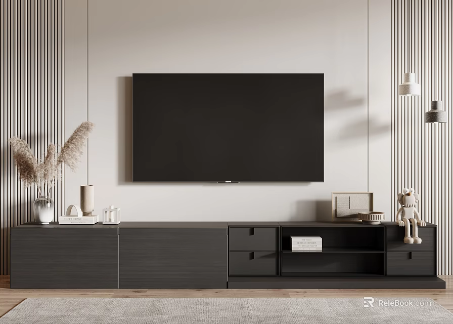Modern Dark TV Stand With Flat Screen TV And Decorative Ornaments In Living Room 3d model 