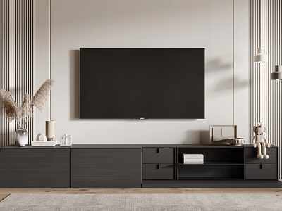 Modern Dark TV Stand With Flat Screen TV And Decorative Ornaments In Living Room 3d model