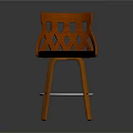 Wooden Bar Stool With Lattice Diamond Pattern Backrest Black Seat Metal Legs Silver Ring Support