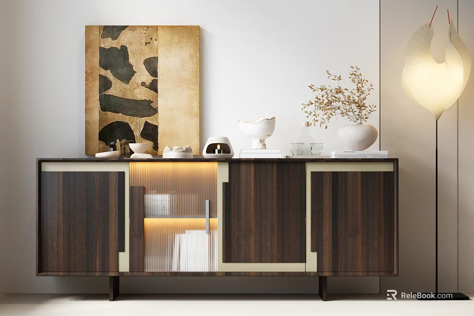 Modern Walnut Console Side Cabinet Interior With Lighting And Decorative Vase Artwork 3d model