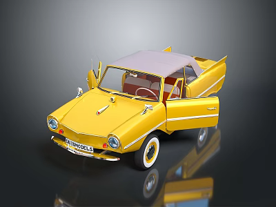 Yellow Vintage Convertible Car Model With Open Doors And White Wheels 3d model