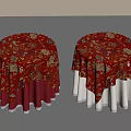 Round Tables With Red Floral Tablecloths And White Edges On Herringbone Floor