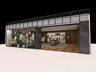 Modern Clothing Store Interior Featuring Apparel Displays Green Plants Bicycle Decor And Wooden Shelves 3d model