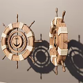 Pair Of Wooden Ship Wheel Decorative Ornament Set With White Rope And Anchor Design