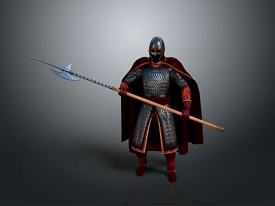 Helmeted Man Standing In Metal Armor With Red Cape Holding Long Spear 3d model