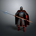 Helmeted Man Standing In Metal Armor With Red Cape Holding Long Spear