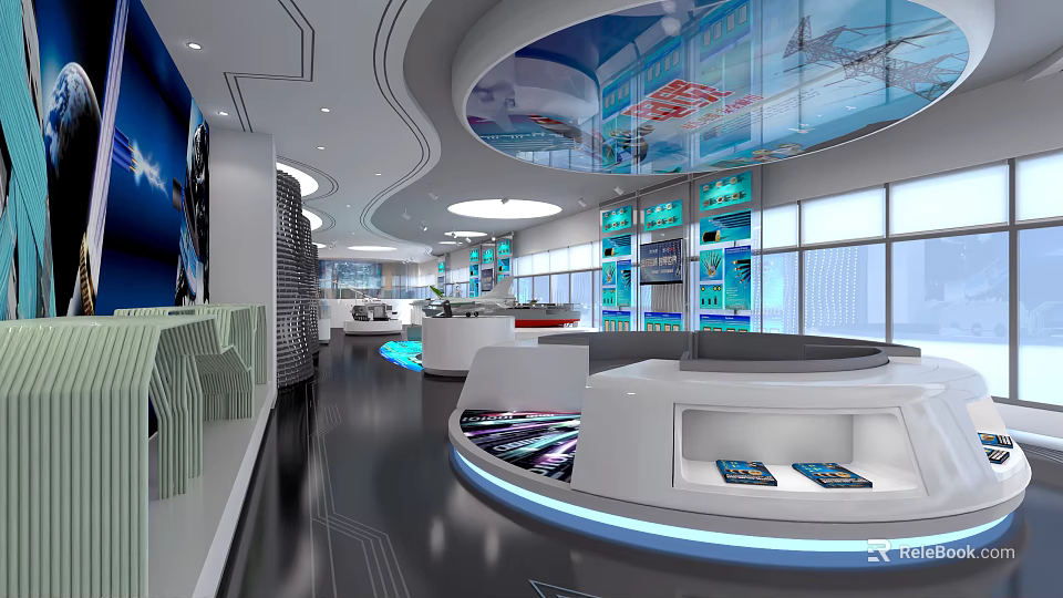 Modern Tech Exhibition Hall Interior With Circular Display Counters Illuminated Edges And Large Screens 3d model 