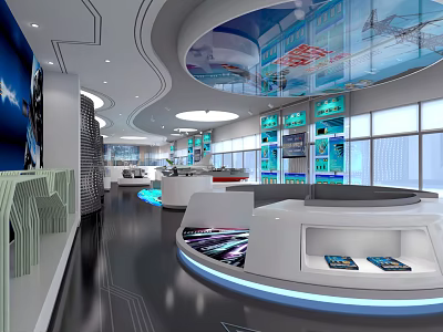 Modern Tech Exhibition Hall Interior With Circular Display Counters Illuminated Edges And Large Screens 3d model