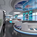 Modern Tech Exhibition Hall Interior With Circular Display Counters Illuminated Edges And Large Screens