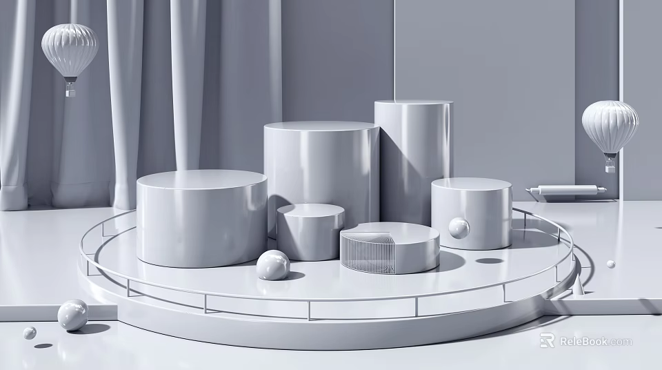 White Circular Display Platform With Cylindrical Pedestals Spherical Objects And Transparent Box 3d model 