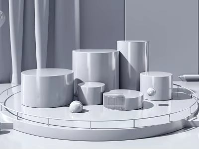 White Circular Display Platform With Cylindrical Pedestals Spherical Objects And Transparent Box 3d model