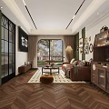 Cozy Living Room Interior With Green White Walls Brown Sofa And Checkered Rug