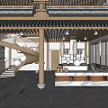Traditional Interior Featuring Wooden Structure Striped Rooftop Lanterns And Decorative Furniture