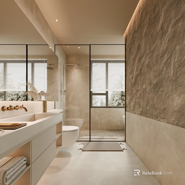 Modern Bathroom Interior Design With Glass Shower Enclosure Double Vanity And Stone Wall 3d model 