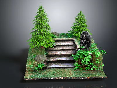Natural Stone Stairs Surrounded By Pine Trees And Lush Green Foliage 3d model