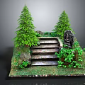 Natural Stone Stairs Surrounded By Pine Trees And Lush Green Foliage
