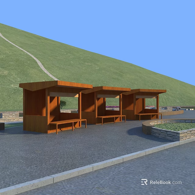 Garden Decorative Wooden Pavilions with Benches Green Hillside and Stone Paved Ground 3d model 