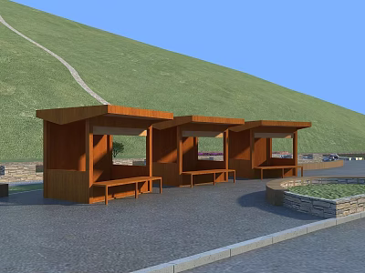 Garden Decorative Wooden Pavilions with Benches Green Hillside and Stone Paved Ground 3d model