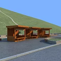 Garden Decorative Wooden Pavilions with Benches Green Hillside and Stone Paved Ground