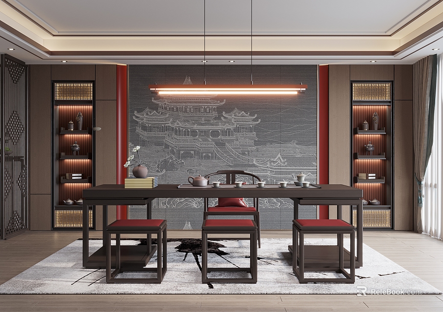 Traditional Chinese Tea Room Interior With Wooden Table Red Stools Chinese Mural And Side Cabinets 3d model 