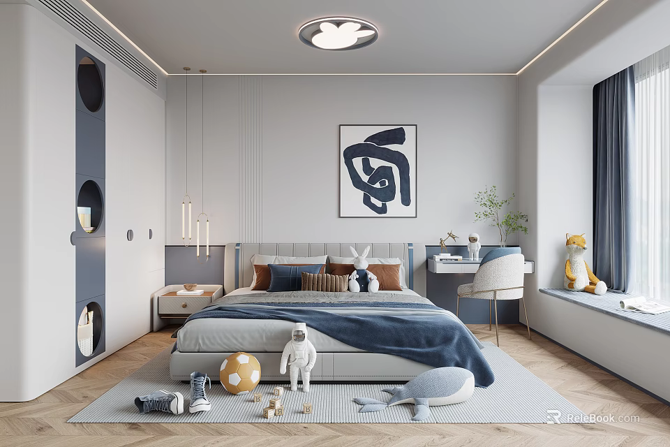 Modern Kids Bedroom Interior Design With Cloud Ceiling Light Blue Quilt Bed And Stuffed Toys 3d model 