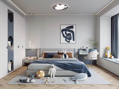 Modern Kids Bedroom Interior Design With Cloud Ceiling Light Blue Quilt Bed And Stuffed Toys 3d model