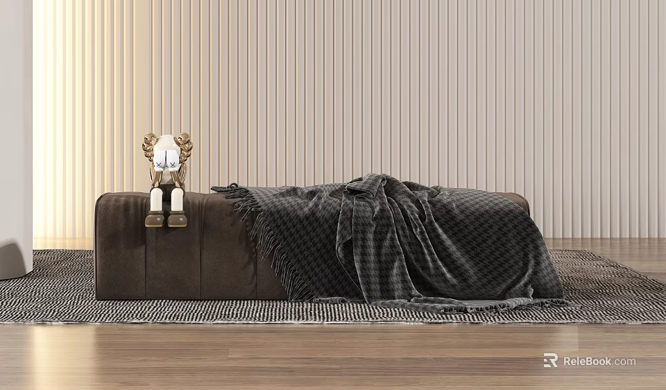 Cozy Brown Footstool with Plaid Blanket and Small Toy on Wooden Floor with Striped Wall 3d model 