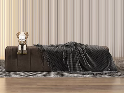 Cozy Brown Footstool with Plaid Blanket and Small Toy on Wooden Floor with Striped Wall 3d model