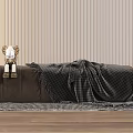 Cozy Brown Footstool with Plaid Blanket and Small Toy on Wooden Floor with Striped Wall