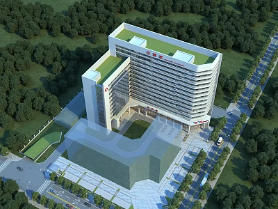Modern Multi Storey Hospital Building With Red Signage Surrounded By Green Trees And Square Entrance 3d model