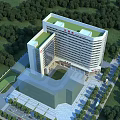 Modern Multi Storey Hospital Building With Red Signage Surrounded By Green Trees And Square Entrance