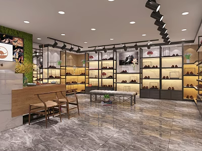 Modern Footwear Specialty Store Interior With Shoe Display Shelves And Retail Layout 3d model