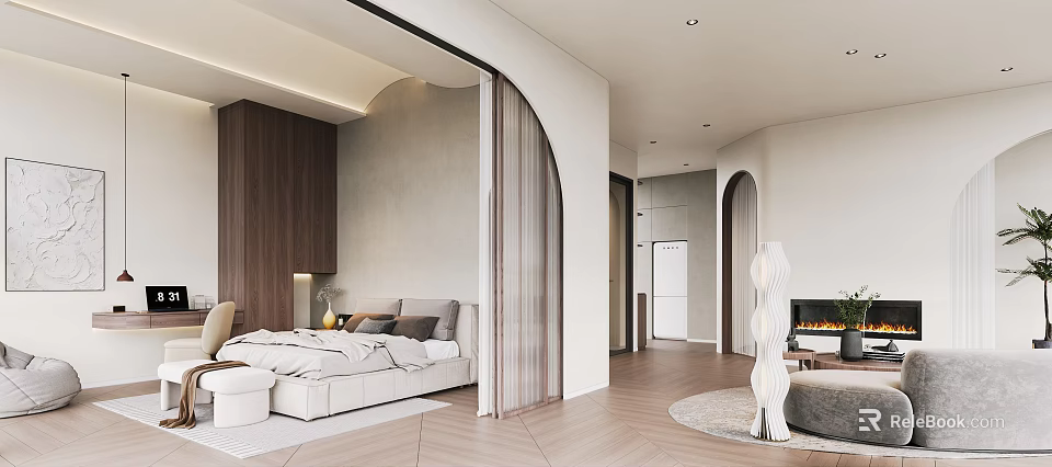 Modern Bedroom Interior With Arched Doorway Light Colored Bedding Wooden Flooring And Decorative Sculpture 3d model 