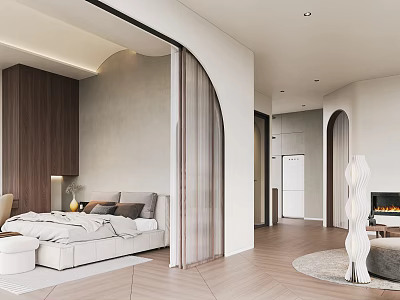 Modern Bedroom Interior With Arched Doorway Light Colored Bedding Wooden Flooring And Decorative Sculpture 3d model